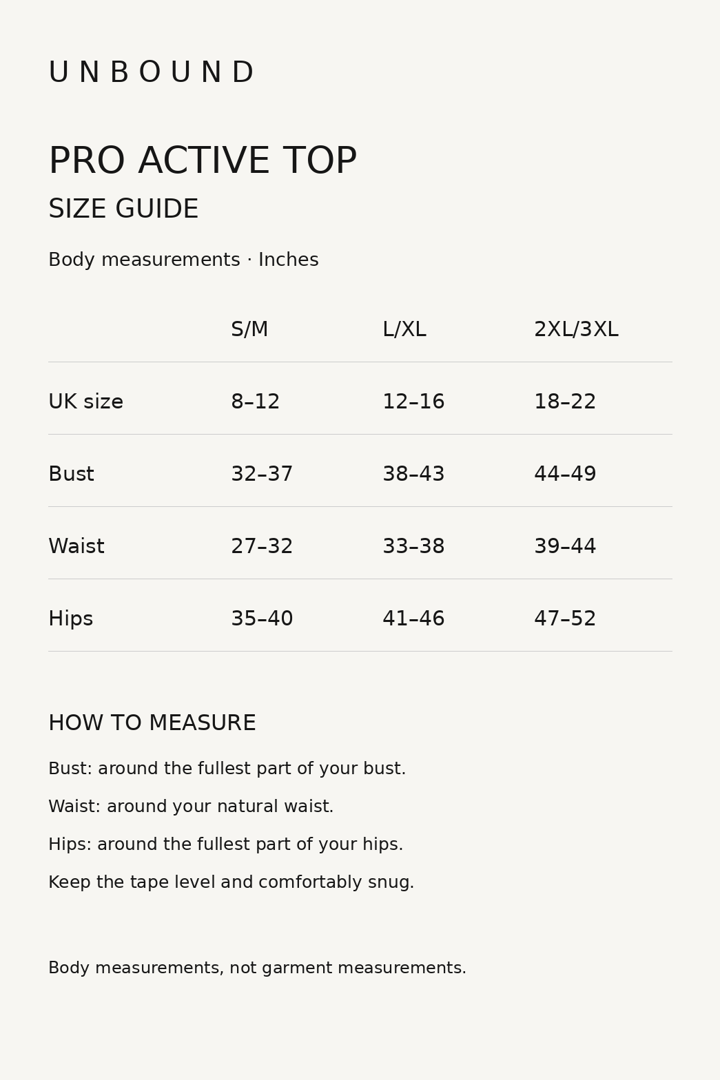 Pro Active Top size chart